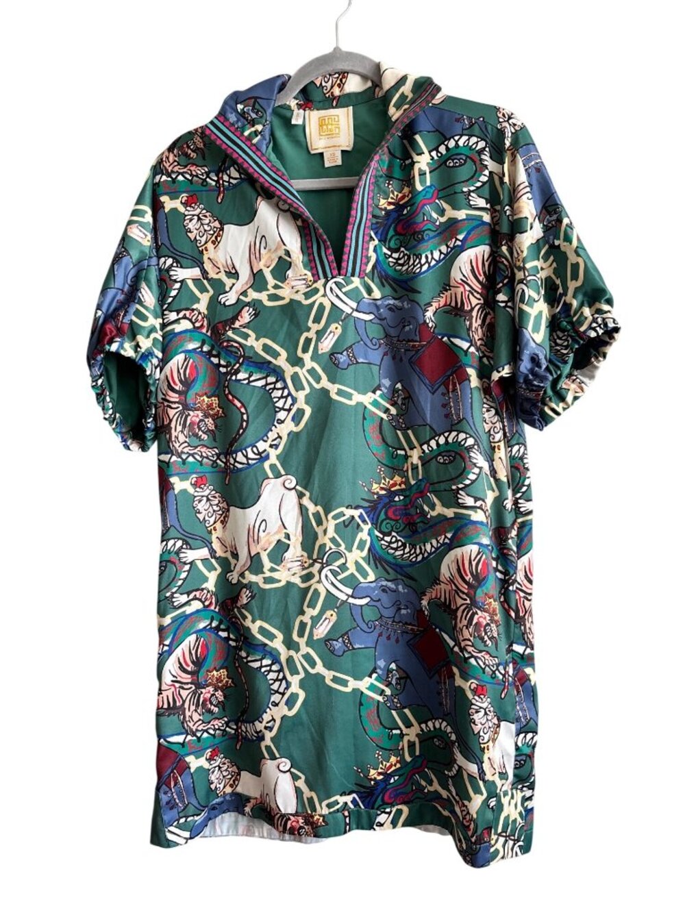 Emily McCarthy Chain-Print Tunic Dress Short Sleeve Green Multicolor